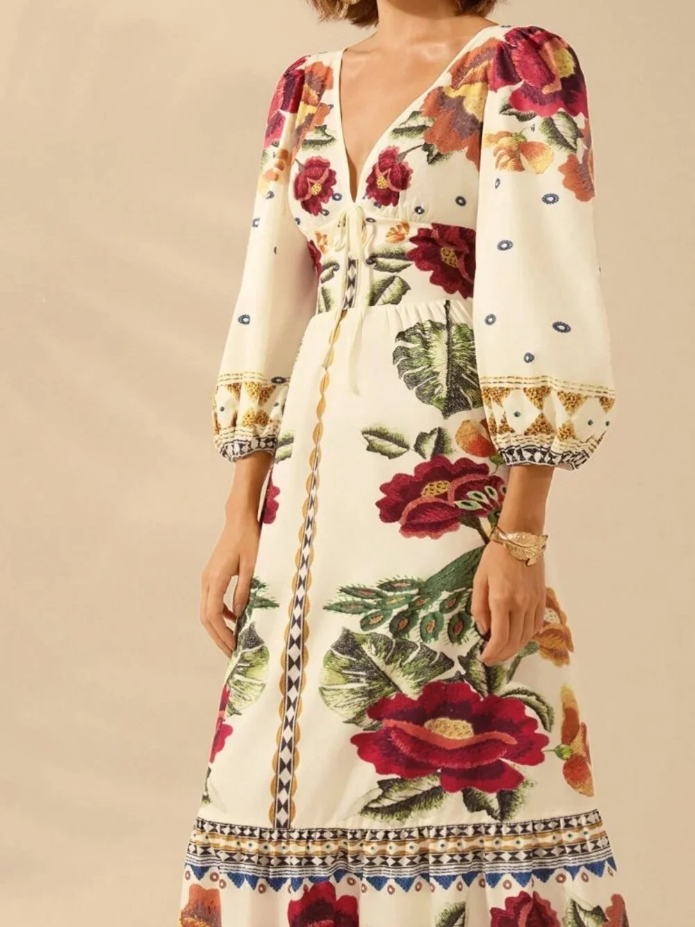 Multicolor Boho Women's Floral Print V-Neck Long Sleeve Hollow Back Dress - Picture 5 of 7